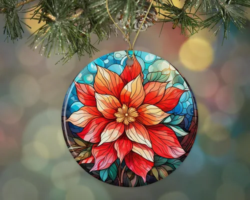Flores de Pascua de Navidad con vitrales, adorno de cerámica, adorno de cerámica, adorno de flores de pascua, adorno de flores de pascua, adorno