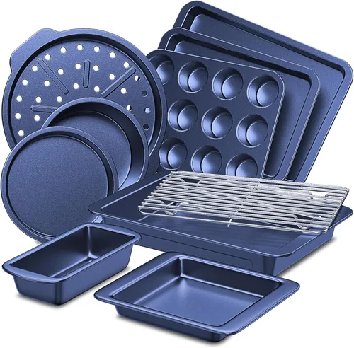Miniatura 13 de Juegos de utensilios de hornear HONGBAKE, juego de sartenes para hornear, sartén antiadherente para horno de cocina con asas más anchas, juego de 10