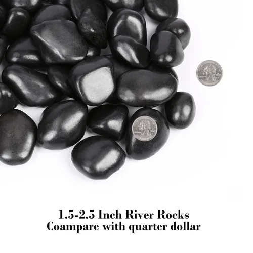 GRISUN Rocas de río negro natural de 15 libras para paisajismo al aire libre, guijarros pulidos para plantas, piedras decorativas de 1.5 a 2.5