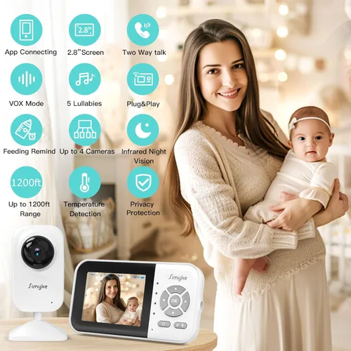 Miniatura 3 de Simyke Monitor de bebé de video actualizado, cámara WiFi para bebé, pantalla de 2.8 pulgadas y control de aplicaciones, alcance de 1200 pies