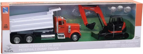 Miniatura 2 de Peterbilt Camión volquete naranja y blanco y Kubota KX080-4 Excavadora naranja y negro con rocas 1/32 modelo fundido a presión por New Ray