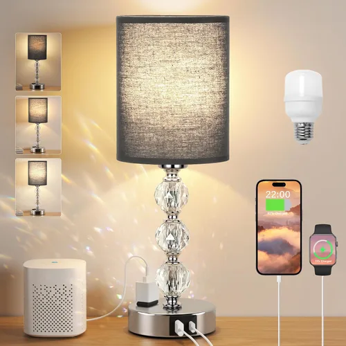 Miniatura 12 de Lámparas de noche táctiles blancas para dormitorios, lámpara de mesa de cristal con puerto de carga USB C+A y mesita de noche de salida de CA