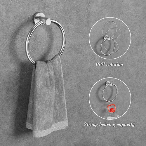 Miniatura 4 de Hardware de baño redondo de níquel cepillado: juego de 8 piezas de accesorios de baño de acero inoxidable - Incluye toallero de pared, soporte