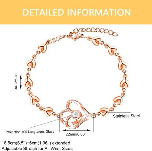 Miniatura 5 de Pulsera de cadena de corazón personalizada con texto en inglés "I Love You in 100 Language", regalos para mamá, esposa, novia