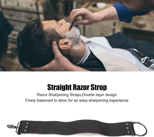 Miniatura 7 de Strop de cuero negro con ganchos de anclaje de latón para afilar cuchillos, rasurar corte recto, herramienta de limpieza duradera para maquinillas