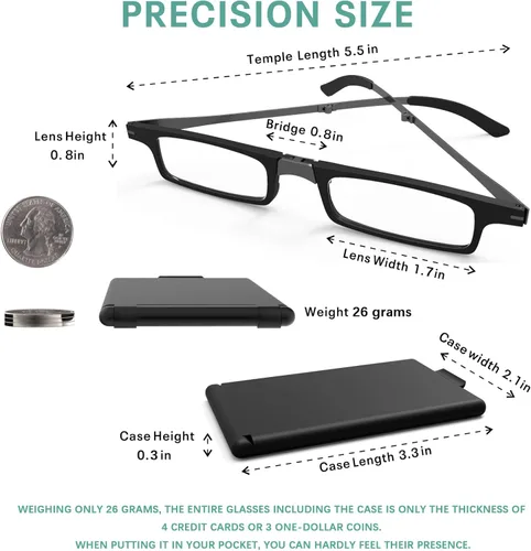 Miniatura 3 de Case Upgrade - Anteojos de lectura plegables ultraligeros y delgados, para hombres y mujeres, estuche compacto y portátil rectangular (negro, 1.5)