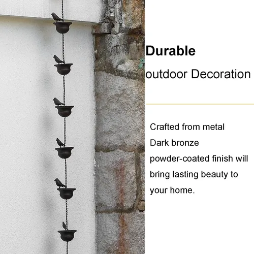 Miniatura 4 de Jemeni Cadena de lluvia de 5.5 pies con 8 pájaros en copas, cadena de canalón de metal de bronce oscuro, fácil de instalar con colgador adjunto