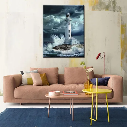 Miniatura 2 de Pintura de faro de fantasía, pintura dramática por números, 16 x 20 pulgadas, lienzo para bricolaje, pintura al óleo del océano tropical