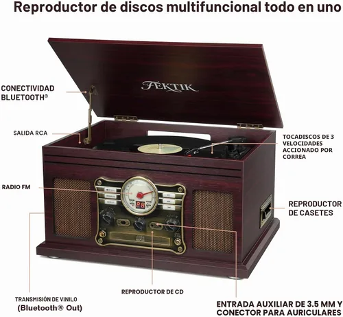 Miniatura 2 de FEKTIK Tocadiscos Bluetooth 10 en 1, tocadiscos de 3 velocidades con altavoces, entrada y salida Bluetooth, CD, casete, radio FM, transmisión