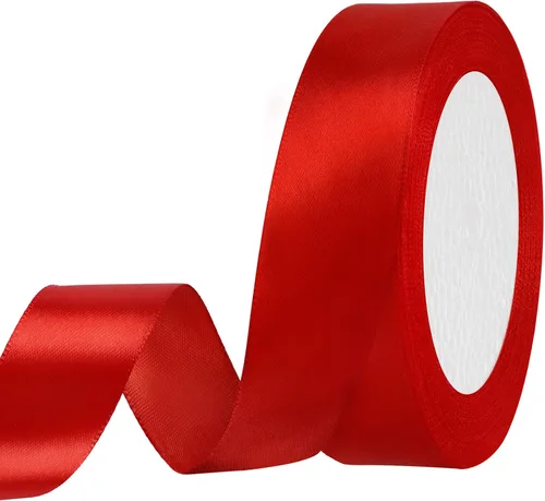 SHOWIN - Cinta de satén roja de doble cara, 1 pulgada x 25 yardas continuas, cinta roja de satén para envolver regalos, decoración de boda y ramos