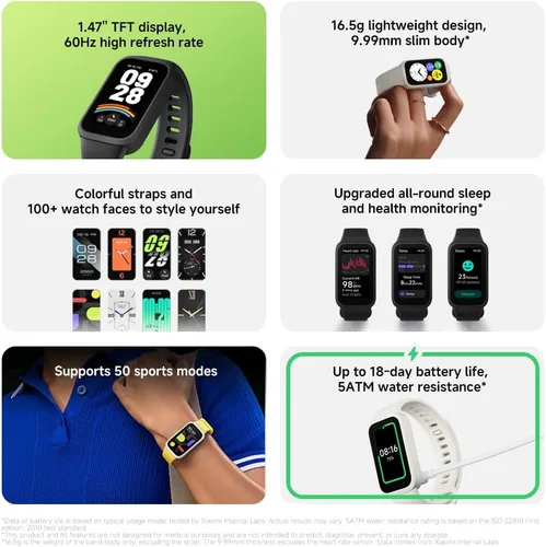 Miniatura 3 de XIAOMI Smart Band 9 Active Versión Global 1.47'' Pantalla Vida de Batería de 18 Días Modos Monitoreo de Salud y Fitness Todo el Día 5ATM (Negro)
