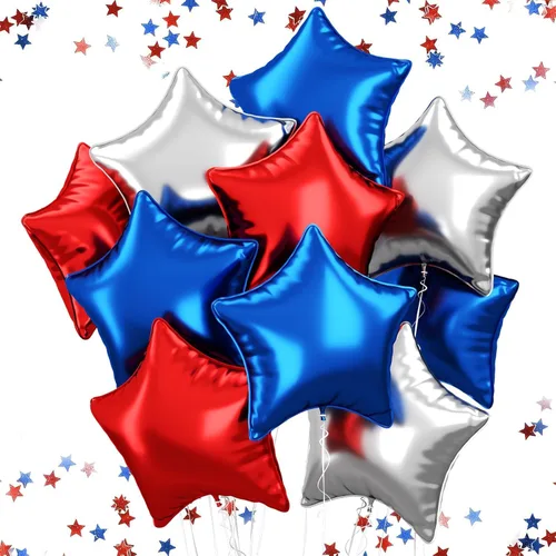 Miniatura 17 de Globos de estrellas rojas, azules y negras, globo de papel de aluminio de 18 pulgadas para helio, paquete de 10 globos rojos y azules, globo de Negro