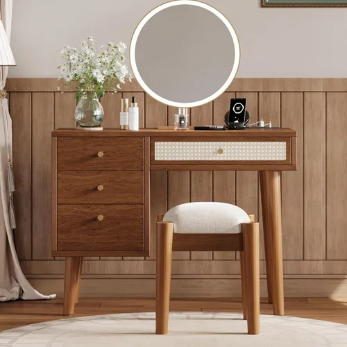 Miniatura 8 de Anwick Vintage Vanity Desk with Adjustable Angle Mirror, Wooden Dressing Table Set for Bedroom with Velvet Fabric Lining 5 Drawers, Girls Vanity Set