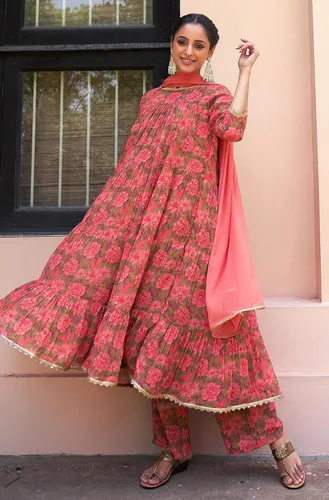 Miniatura 3 de Janasya Conjunto Kurta Embellecido con estampado floral digital rosa Georgette para mujer