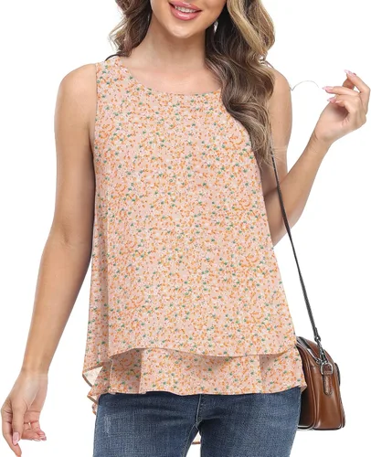 Miniatura 2 de Timeson - Camiseta de gasa sin mangas, blusa casual de doble capa para mujer