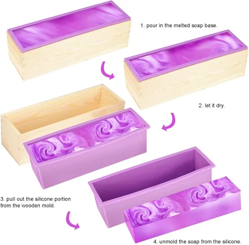 Miniatura 5 de ZOENHOU 2 moldes de jabón morado de 42 onzas con 2 tapas, kit de moldes de silicona rectangulares flexibles con caja de madera, juego