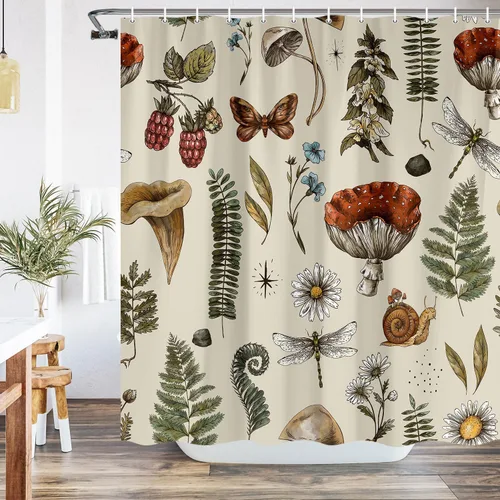 Cortina de Ducha Vintage de Hongos Cortina de Ducha Botánica de Hongos Helechos Plantas del Bosque de Tela Cortinas de Ducha para Baño Cortina de