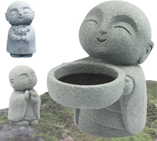livelyfish Estatua de monje japonés de 3 piezas de estatuas de buda de piedra arenisca zen rezando, esculturas asiáticas de jardín para buena