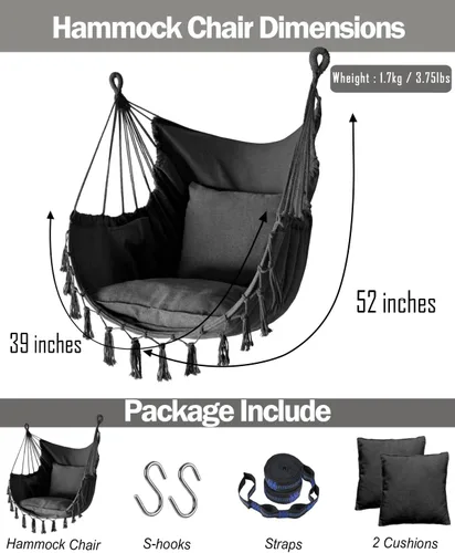 Miniatura 6 de Halalona Silla hamaca colgante de cuerda con 2 cojines y kits de herramientas, resistente y duradero, suave algodón tejido a mano, silla colgante