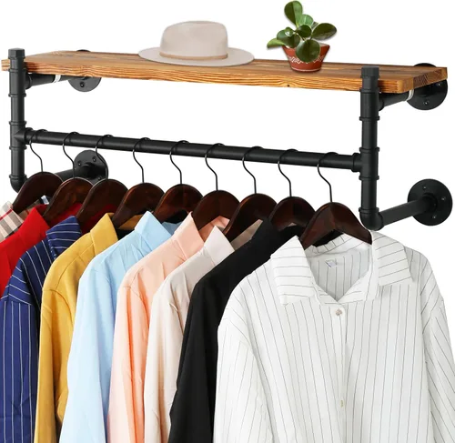 Miniatura 14 de WEBI Perchero de pared con estante, perchero industrial de 24 pulgadas con estantes, barra de ropa de hierro resistente, barra de ropa de exhibición