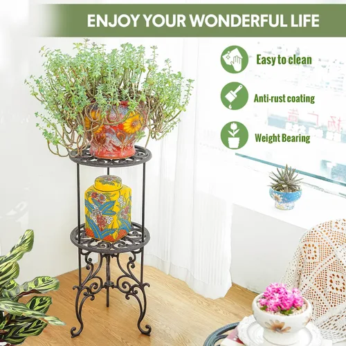 Miniatura 6 de Sungmor Soporte para macetas de hierro fundido resistente, estante de metal de 2 niveles de 26 pulgadas, soporte decorativo para macetas