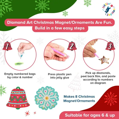 Miniatura 3 de Little Jupiter Adornos de Navidad DIY de Imán y Arte de Diamantes para Niños - Hace 8 piezas - Manualidades para Niños - Kits de Arte de Diamantes