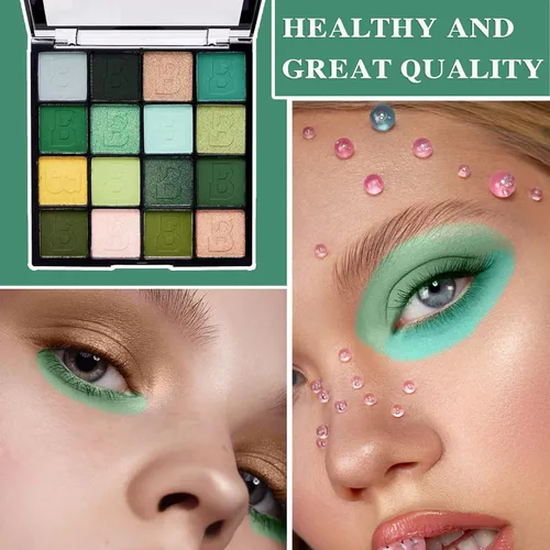 Miniatura 6 de Paleta de sombra de ojos verde brillante de 16 colores, paleta de sombra de ojos metálica mate impermeable, paleta de sombra de ojos altamente