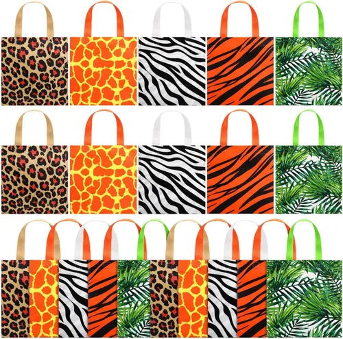 Tallew 20 bolsas de fiesta con estampado de animales, bolsas de golosinas de vida silvestre, safari, selva, bolsa no tejida con diseño de hojas de