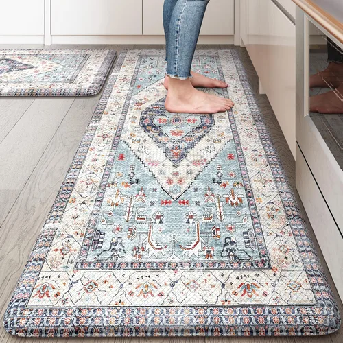 Miniatura 40 de KIMODE - Juego de 2 tapetes de cocina bohemios, antifatiga, antideslizantes, impermeables, ergonómicos, acolchados, cómodos, para lavandería, Caqui