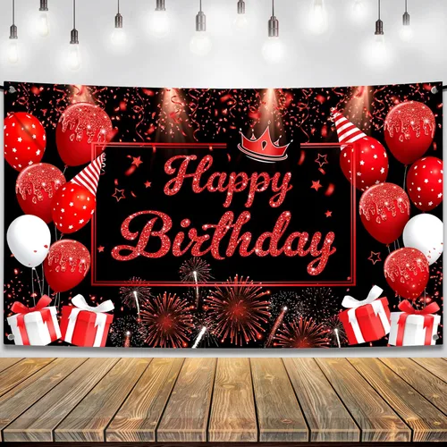 KatchOn, Cartel de feliz cumpleaños negro y rojo, grande, 72 x 44 pulgadas, telón de fondo para decoraciones de feliz cumpleaños, pancarta roja y