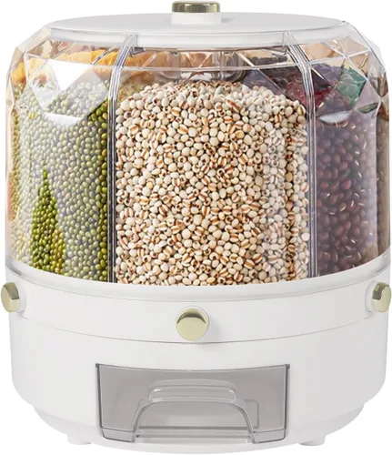 Dispensador de granos giratorio de 6 rejillas, dispensador de cereales, dispensador de arroz, dispensador de alimentos giratorio de 360°,