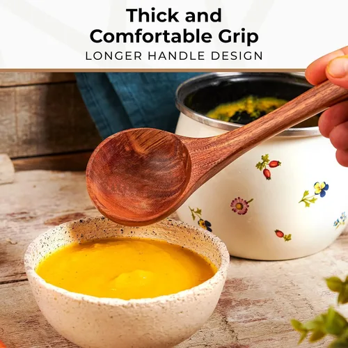 Miniatura 5 de Cucharón de madera para cocinar, cuchara de sopa - Cuchara de madera de teca, mango de 12.4 pulgadas, tamaño mediano de 2 onzas, ecológico, natural