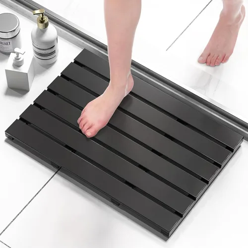 Domax Tapete de madera para ducha de baño, antideslizante, impermeable, grande, para interiores y exteriores (negro, 21.26 x 14.17 x 1.3 pulgadas)