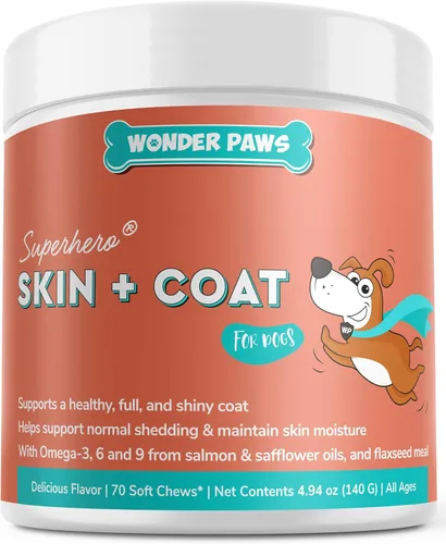 Wonder Paws Suplemento para la piel y el pelaje para perros con aceite de salmón, Omega 3 y 6, EPA y DHA, promueve la piel y el pelaje saludables,