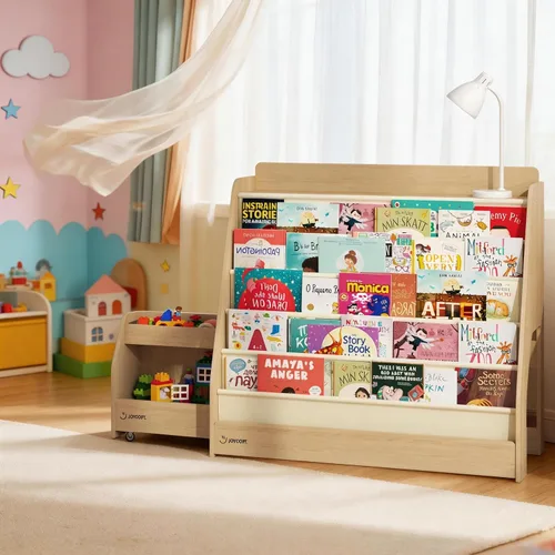 FKWin Estantería infantil 2 en 1 y almacenamiento de juguetes de 5 niveles con carrito rodante, almacenamiento oculto para guardería, sala de