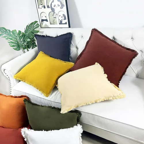 Miniatura 6 de Juego de 2 fundas de almohada decorativas marrones de 18 x 18 pulgadas, fundas de almohada modernas de granja con borlas de flecos, suaves