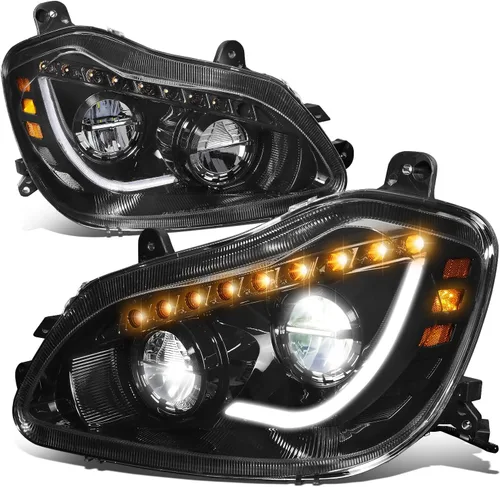 DNA MOTORING HL-HAY-037-BK Par de Faros con LED DRL Secuencial de Señal de Giro con Reflector Compatible con Kenworth T680 13-21, Cromo/Negro