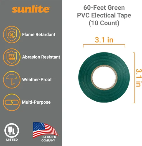 Miniatura 2 de Sunlite 41412-SU - Paquete de 10 cintas eléctricas de PVC, 60 pies x 0.75 pulgadas, para empalme, protección y aislamiento de cables, resistente a