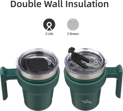 Miniatura 3 de Konokyo - Vaso de 10 onzas con asa y 2 popotes, 2 tapas, botella de agua aislada de acero inoxidable, taza de viaje reutilizable, color verde militar