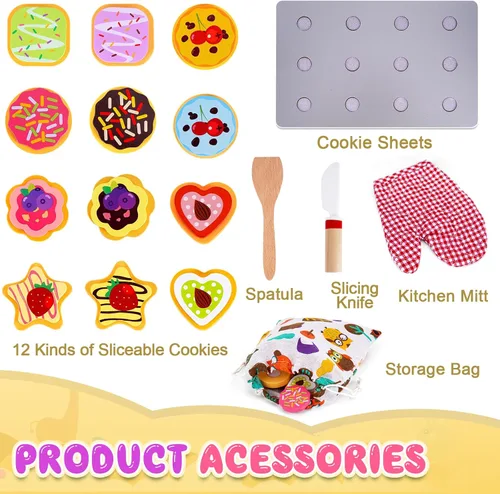 Miniatura 4 de Juego de alimentos de madera para hornear y cortar galletas para niños - Juego de cocina - Accesorios de juguete para galletas y bandeja