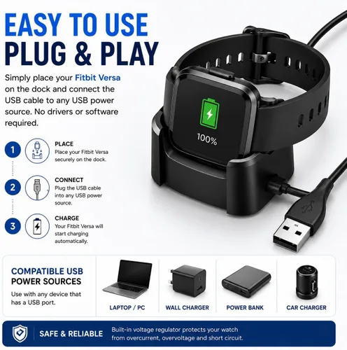 Miniatura 5 de Master Cables Cargador de repuesto para reloj inteligente Fitbit Versa, cable de carga USB, adaptador de base con carga rápida y protección