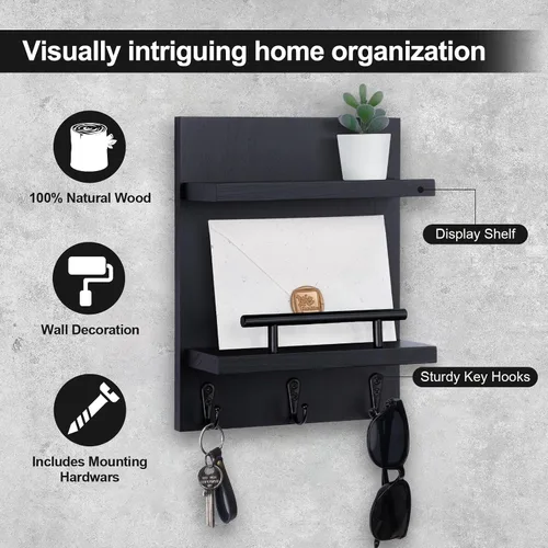 Miniatura 3 de Soporte de pared para llaves, decoración de estante de correo con 3 ganchos para llaves, organizador de pared de madera versátil para entrada
