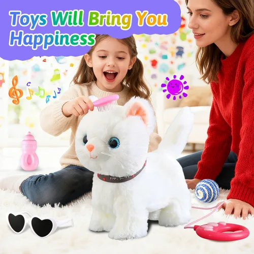 Miniatura 5 de Juego de gato que camina con correa blanca cantando que ronronea y maulla, robot de peluche animado, gatito, mascota en movimiento, realista, animal