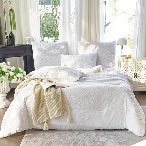 Miniatura 10 de Edredón con Mechones Tamaño King Juego de 3 Piezas Beige Boho Decoración de Dormitorio Estilo Granja para Todas las Estaciones Edredón Tamaño King