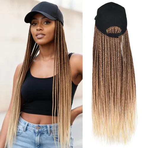 Miniatura 17 de Gorra con peluca para mujeres con gorra de béisbol y cabello trenzado adjunto, peluca de trenzas negras sintéticas, gorra ajustable con trenzas