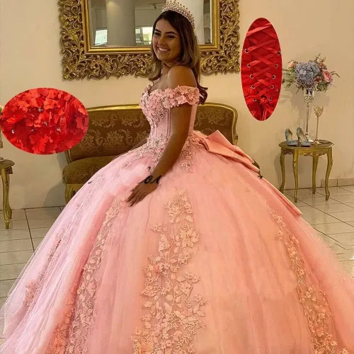 Miniatura 6 de XYAYE Vestidos de quinceañera con hombros descubiertos para mujer, vestido de fiesta hinchado de flores 3D, vestido de fiesta de encaje con cuentas