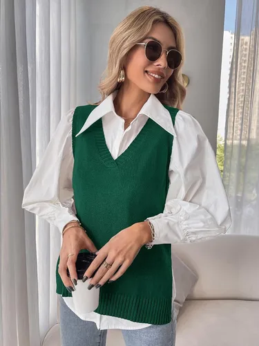 Miniatura 5 de Romwe Suéter de punto con cuello en V para mujer, color liso, con abertura lateral, sin mangas, holgada, blusa sin mangas