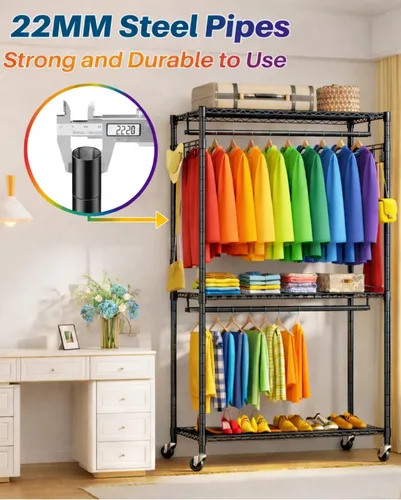 Miniatura 8 de Perchero resistente de acero al carbono con ruedas bloqueables, estantes y ganchos ajustables, estantes de ropa independientes para colgar ropa