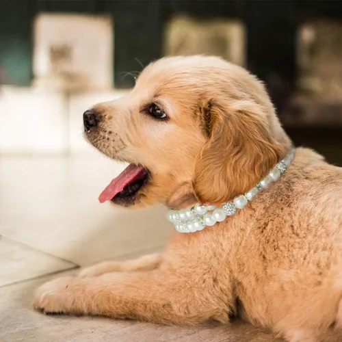 Miniatura 4 de Collares de perlas para perros y gatos con decoración de diamantes de imitación de cristal, ajustable, lindo collar de piel sintética para mascotas