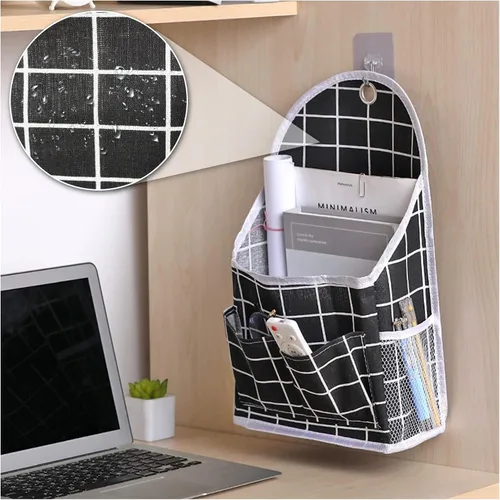 Miniatura 4 de FuninCrea Bolsa de almacenamiento para colgar en la pared, organizador de lino a cuadros blanco y negro, para montar en la pared, sin perforaciones